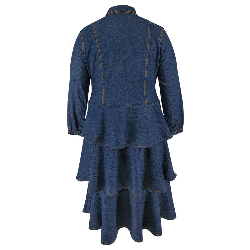 Plus Size Women's Denim Long Sleeve Turndown Collar layer Long Dress 5