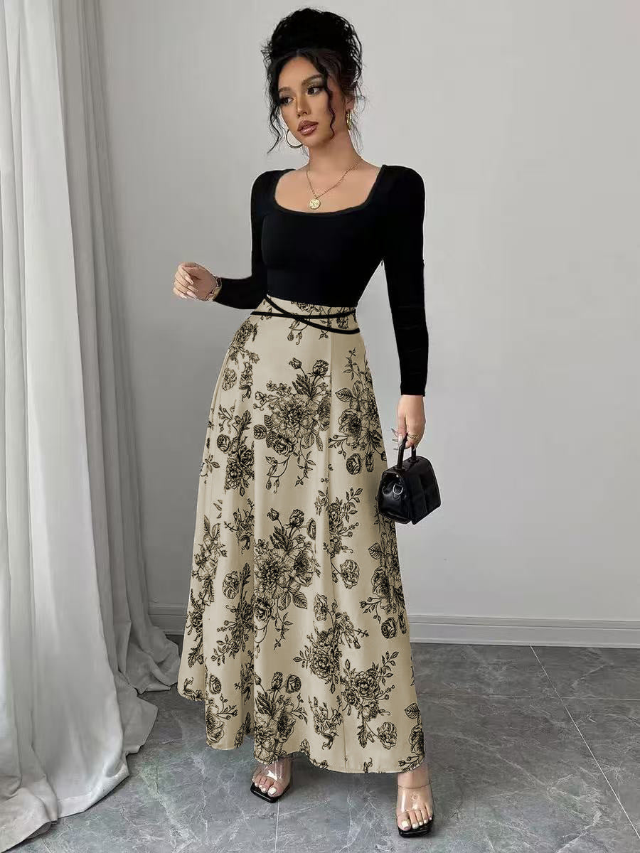 Women's Elegant Floral Print Square Neck Patchwork Tie-Waist Dress 3