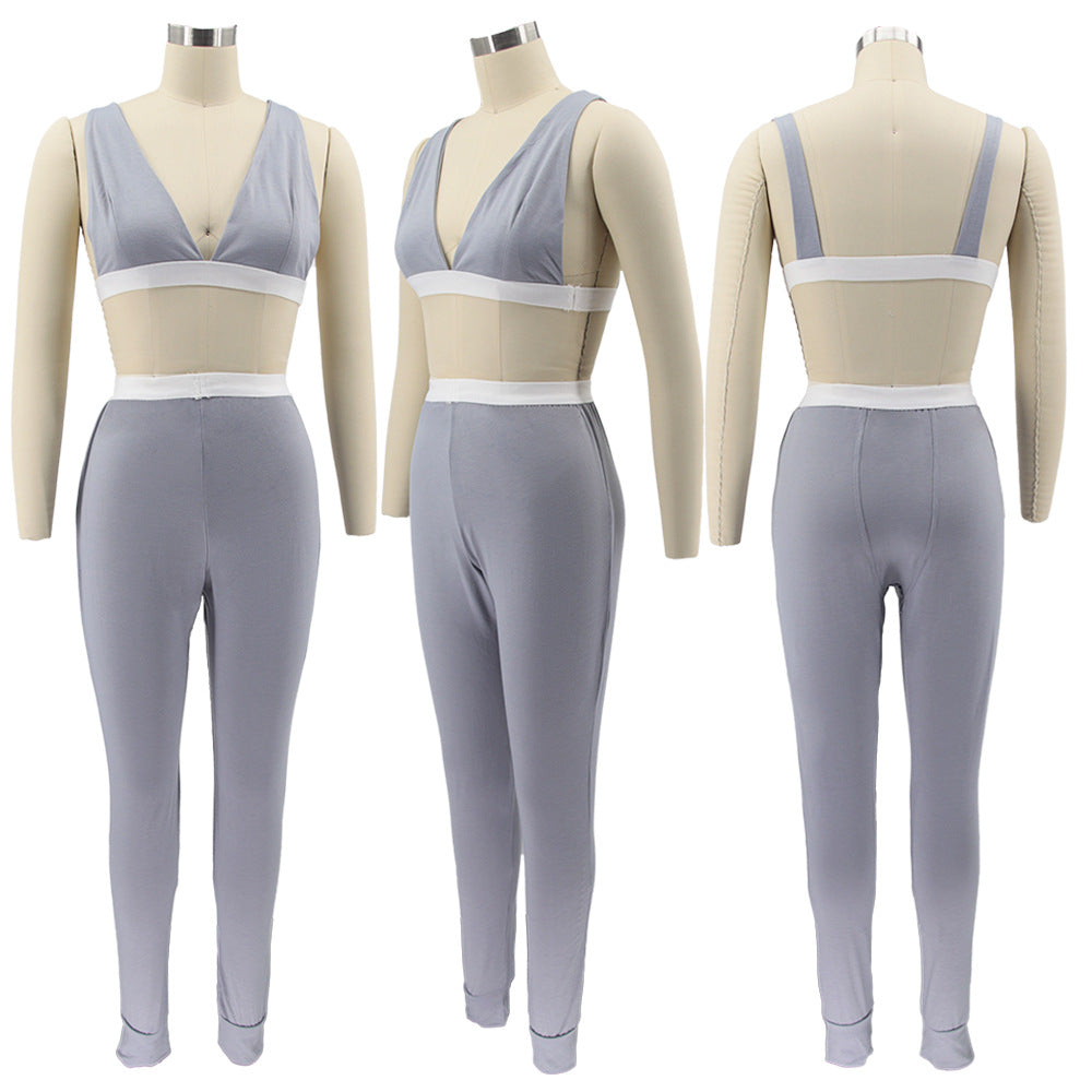 Women Solid Sling Elastic Casual Sports Two-piece Set 12
