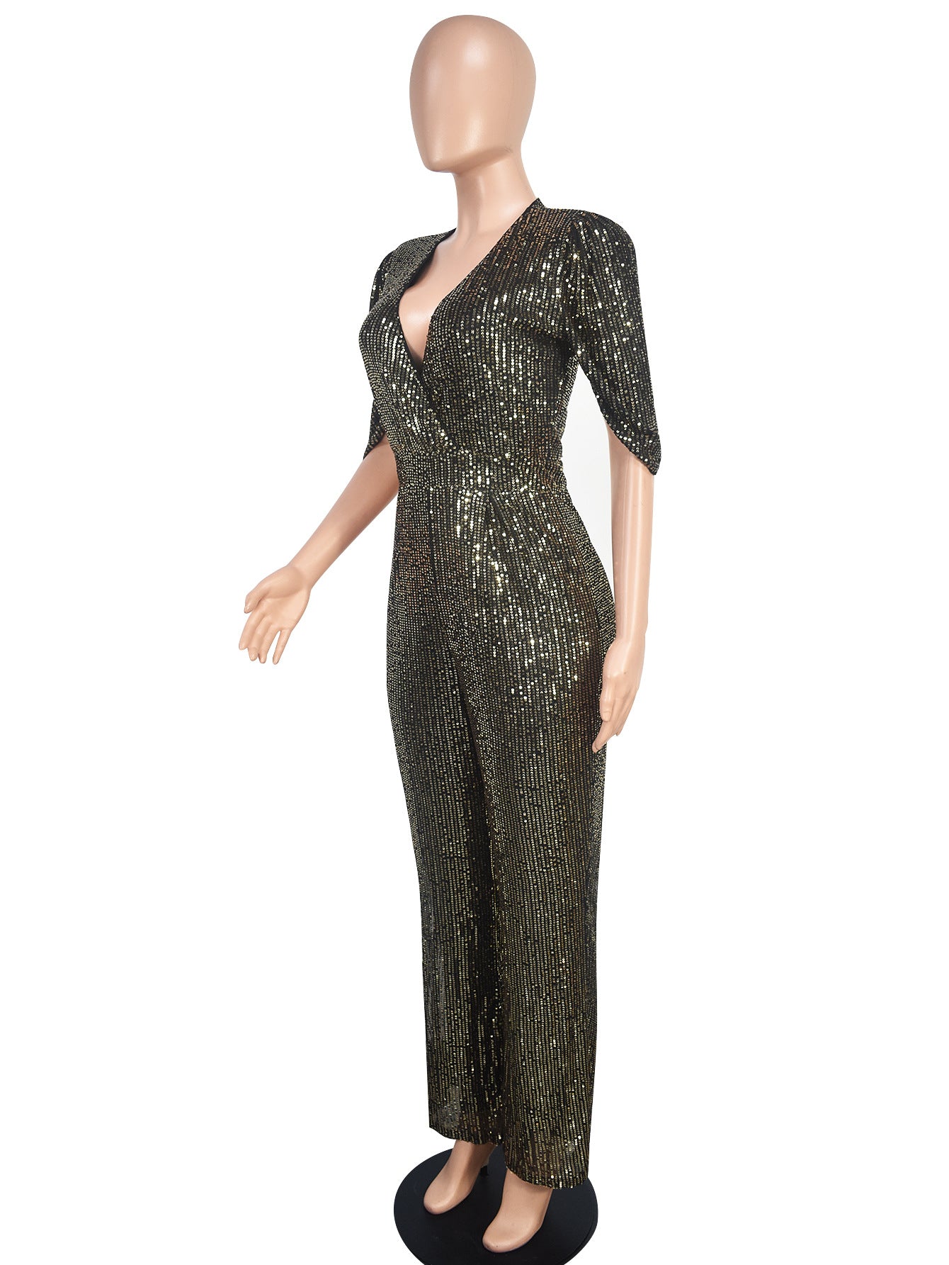 Sexy V-Neck Half-Sleeve Slim Sequin Women Party Jumpsuit 4