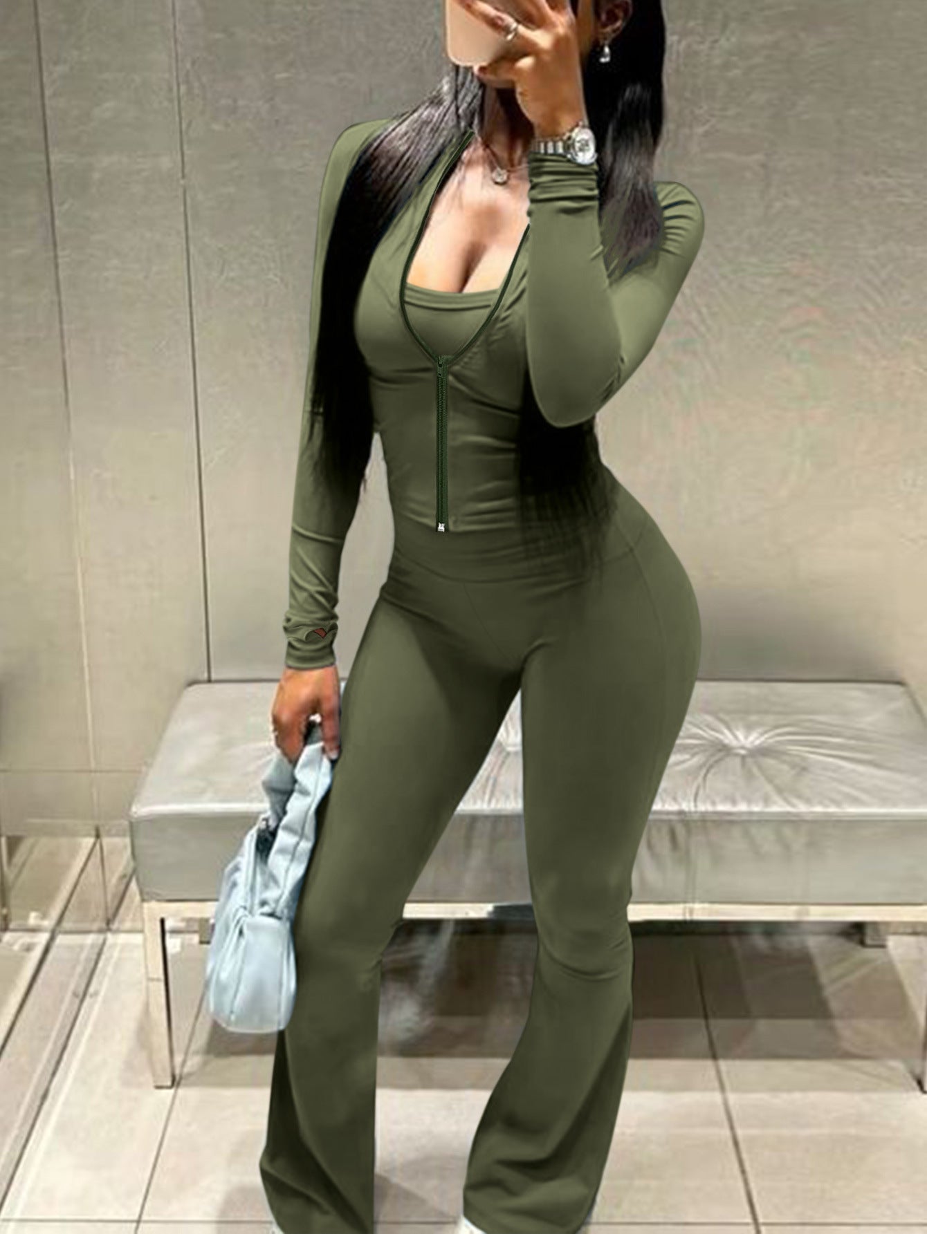 Women Casual Top and Bell Bottom Long Pants Two Piece Set 7