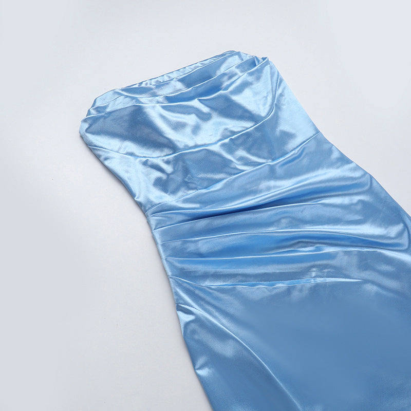 Autumn And Winter Sexy Slim Strapless Satin Slim Waist Slit Dress 6