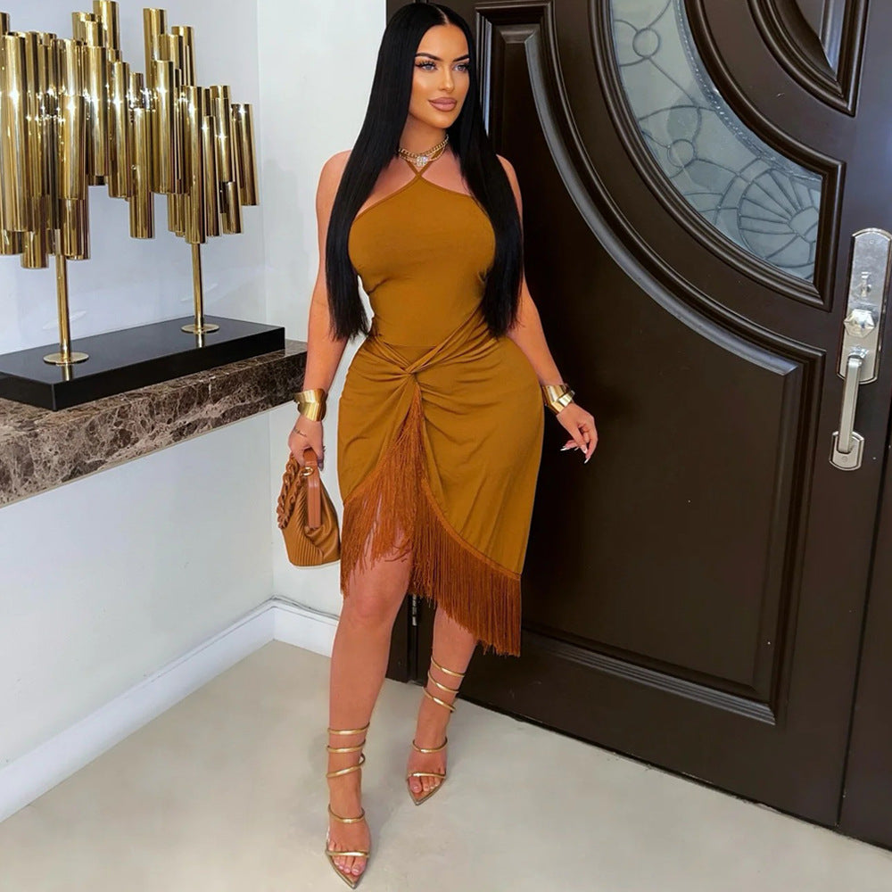 Women's Summer Sleeveless Halter neck Tassel Long Irregular Dress 3