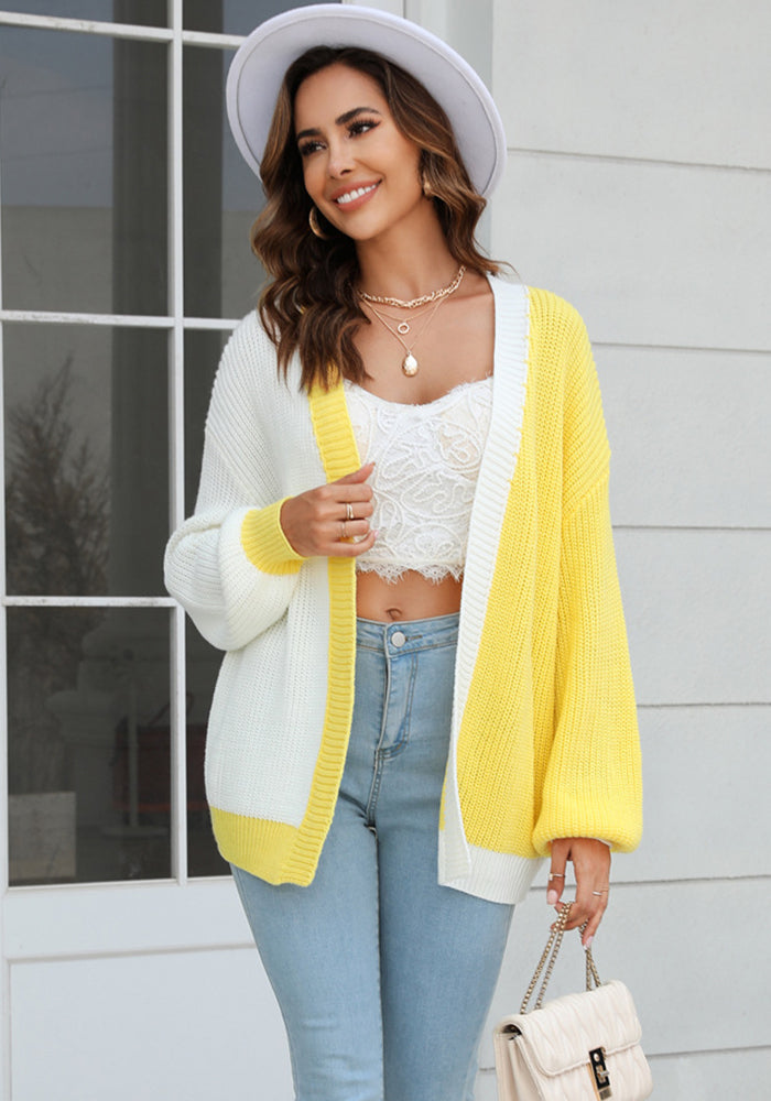 Plus Size Women Loose Patchwork Colorblock Knitting Cardigan Sweater