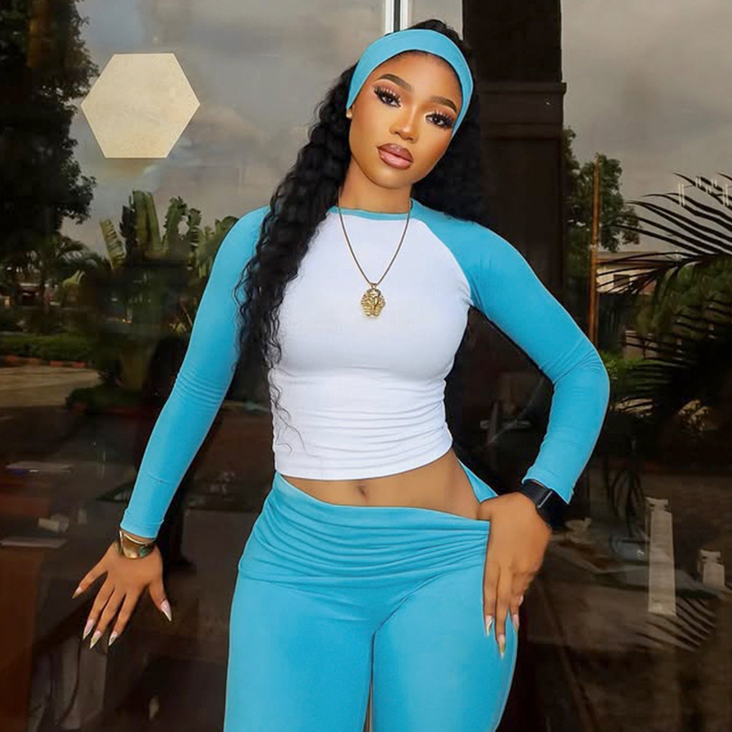 American Casual Sport Color Block Long Sleeve T-Shirt & Fold-Waist Pants Gym Three-Piece Set 4