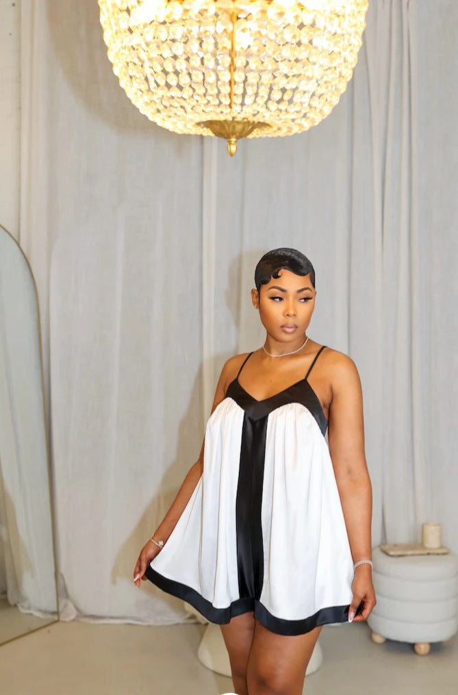 Women Elegant Sexy Strapless V-Neck Patchwork Contrast Strap Dress