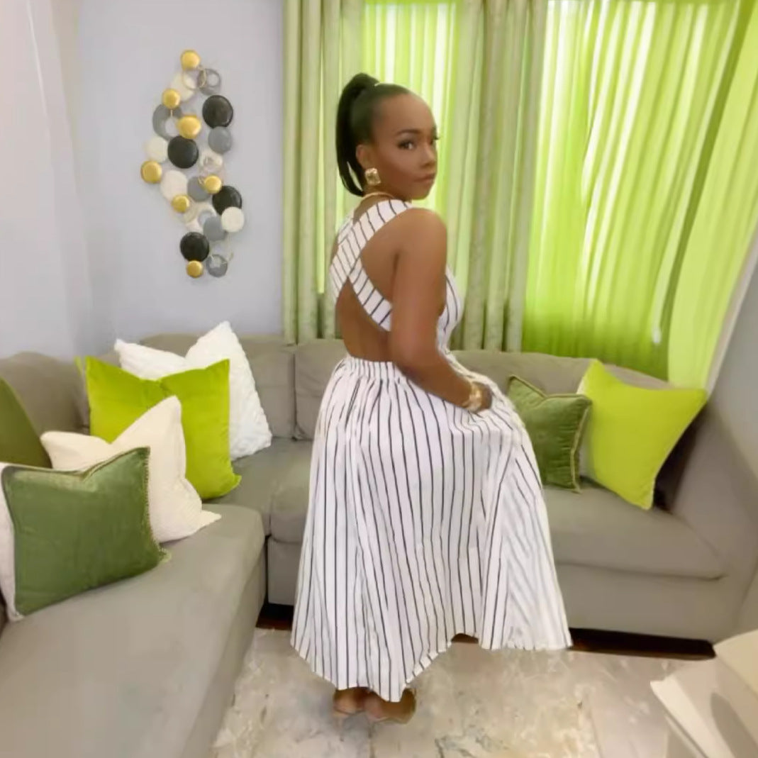 Women Striped Round Neck Sleeveless Backless Cross Straps Dress 3