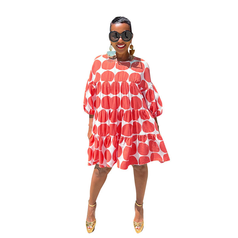 Summer Women Large Polka Dot Loose Round Neck Half-Sleeve Pleated Dress 16