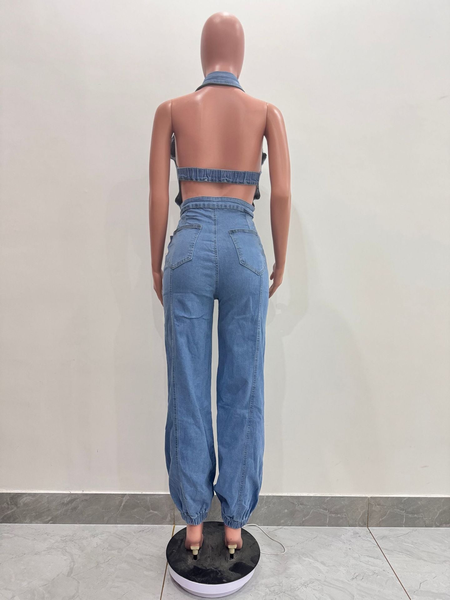 Sleeveless Low Back Washed High Stretch Casual Denim Jumpsuit 7