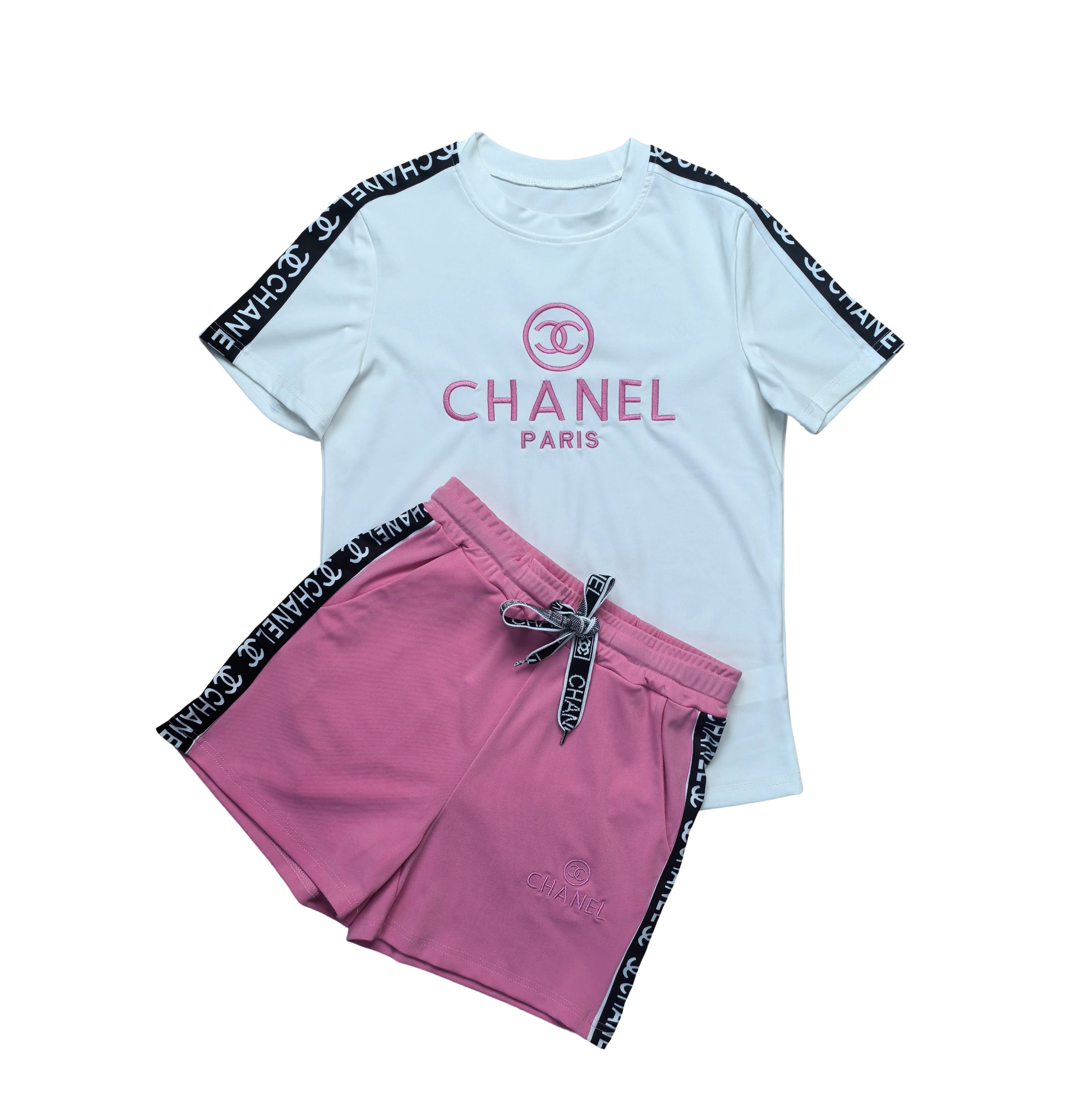 Fashionable Casual Embroidered Round Neck Top & Wide-Waist Ribbon Shorts Set 12