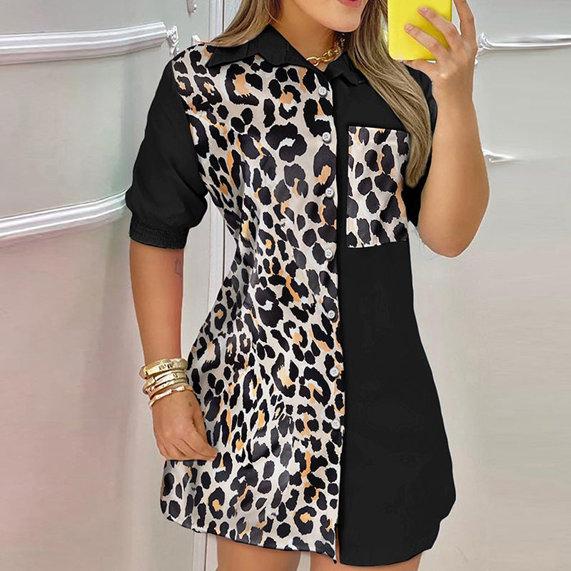 Summer Women's Fashion Color block Print Pocket Single Breasted Shirt Dress 4