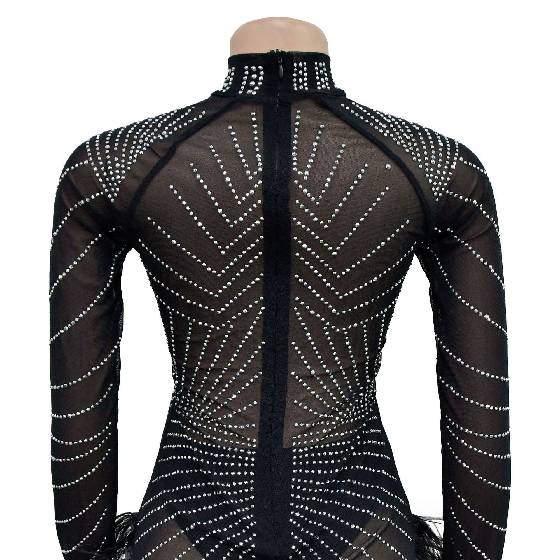 Spring Summer Women's Long-Sleeved Short Solid Color Beaded Mesh Feather Dress 5