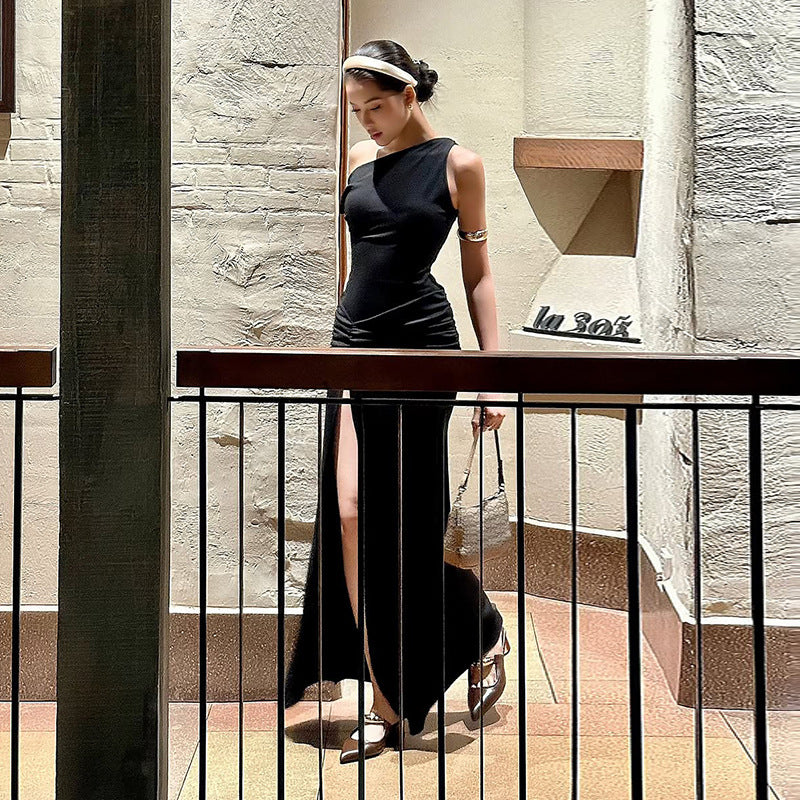 Chic Off-Shoulder Slit Dress Spring Slim Long Dress for Women 4