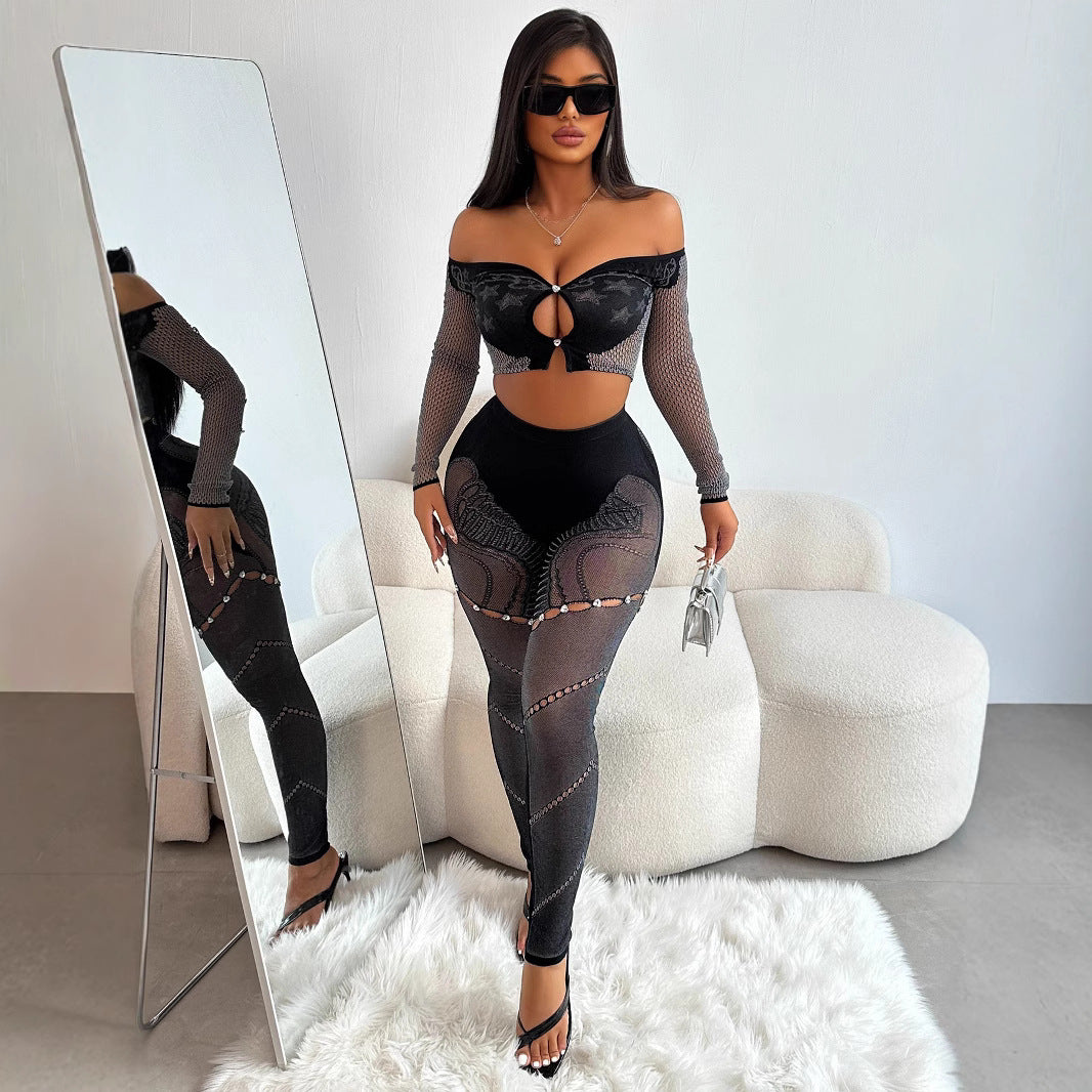 Women Fall Long Sleeve Crop Top Sexy Hollow Pants Two-Piece Set 7