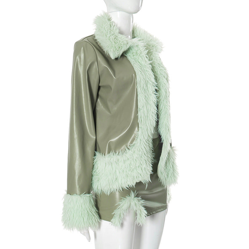 Women Pu-Leather Fur Collar Jacket and Skirt Two Piece Set 13