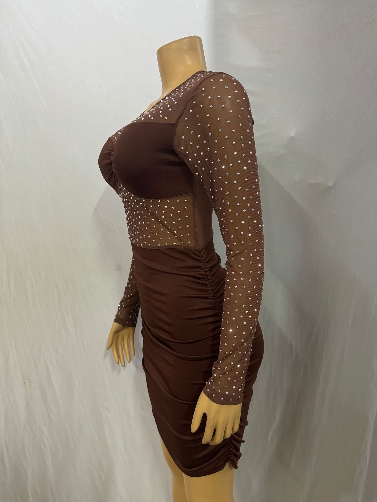 Women long sleeve round neck see-through beaded sexy bodycon dress 7