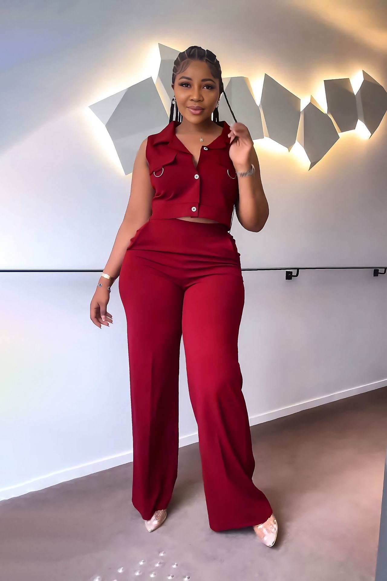 Solid turndown Collar Vest Casual High Waist Straight Leg Trousers Two-Piece Set 3