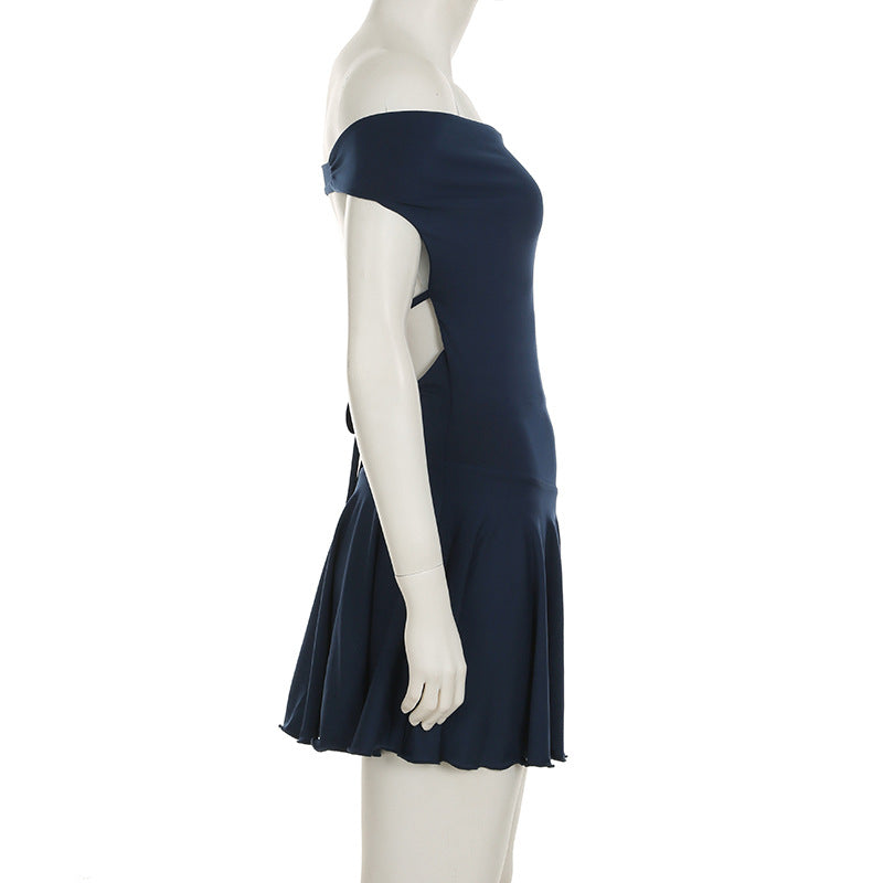 Women's Chic Solid Color Pleated Off-Shoulder Sexy Low-Back Lace-Up Waist Mini Dress 13