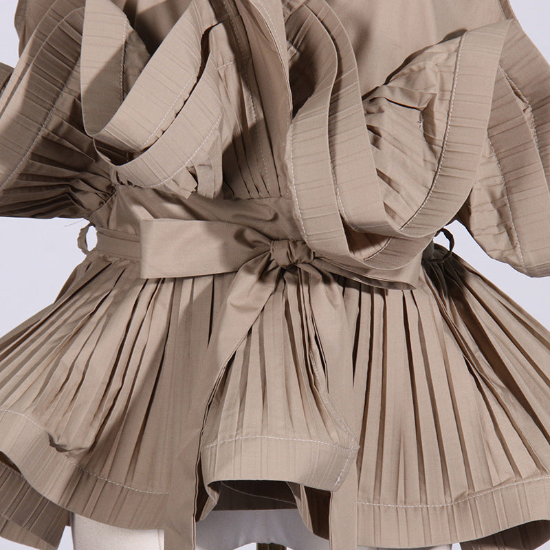 Spring Summer Fashionable Chic Khaki V-Neck Pleated Patchwork Sleeveless Lace-Up Women's Shirt 22