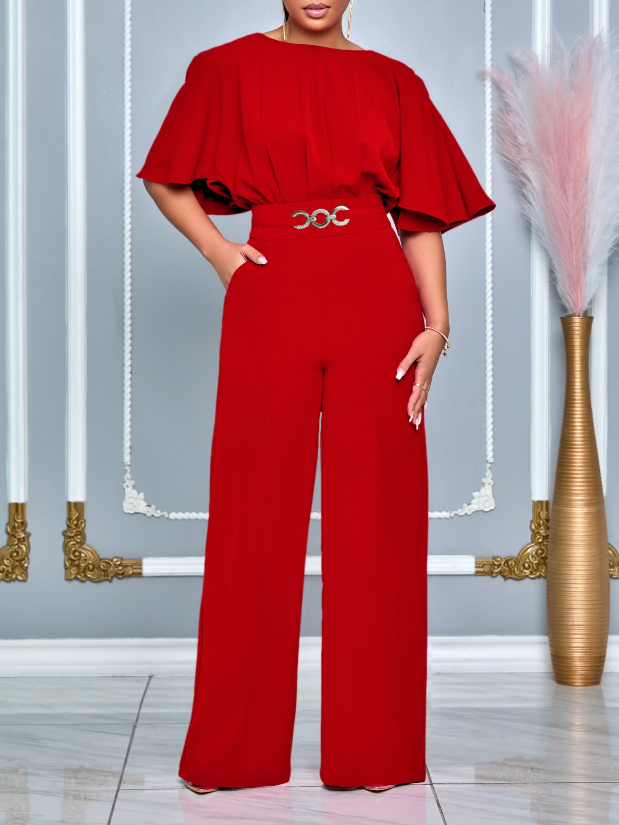 Plus Size African Women Summer Round Neck Solid Wide Leg Jumpsuit 8