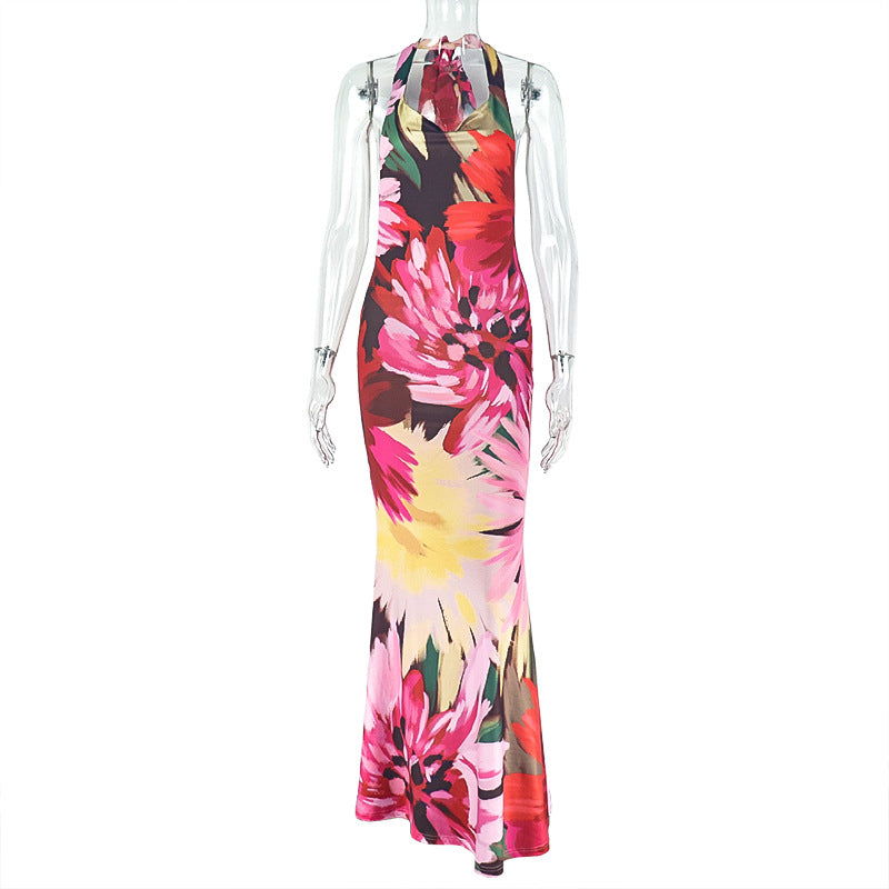 Women Sexy Halter Neck Backless Print Bodycon Dress 11
