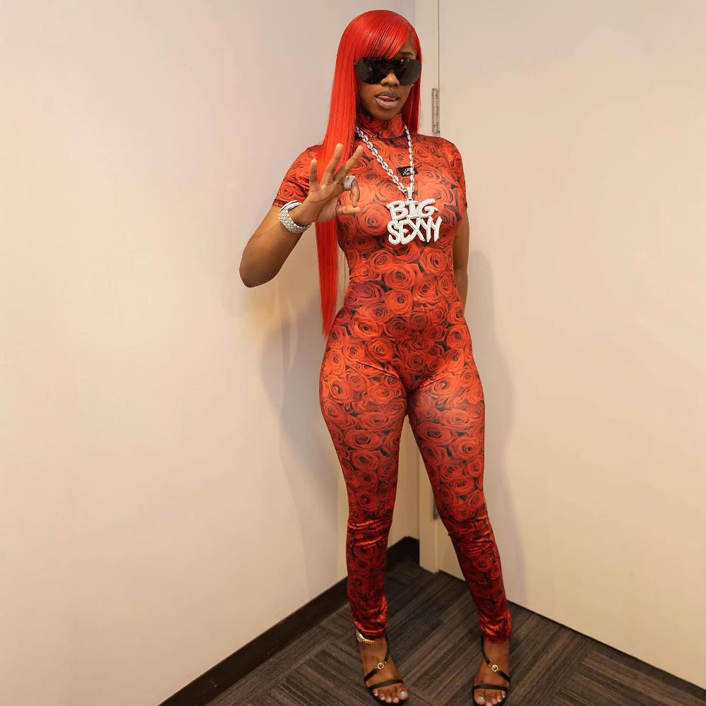 Rose Printed short sleeve Low Back sexy fashion Jumpsuit 5