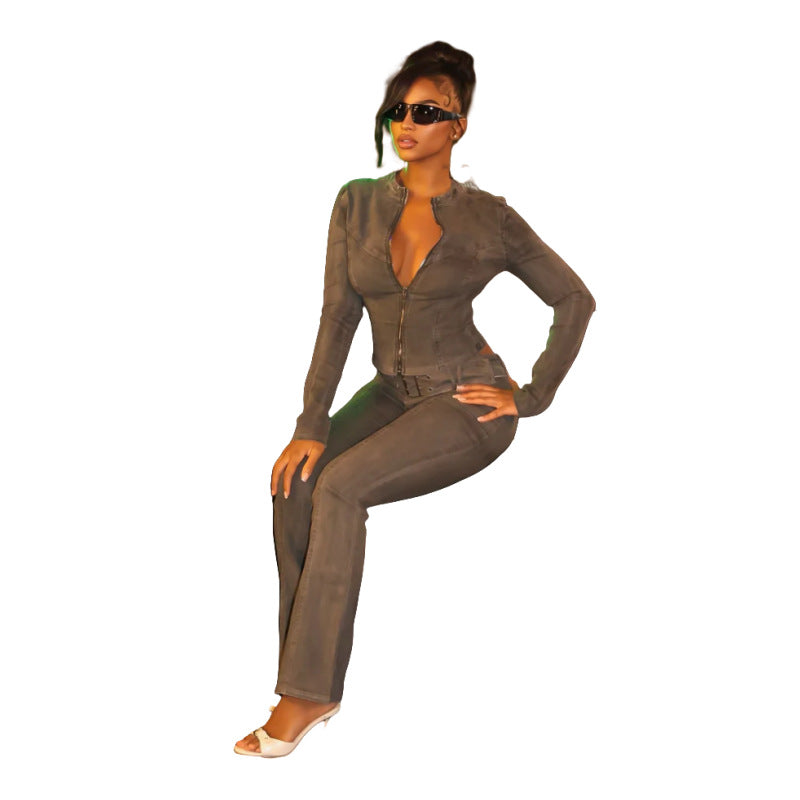 Denim Stretch Tight Slim Long sleeve Two Piece Pants Set 5