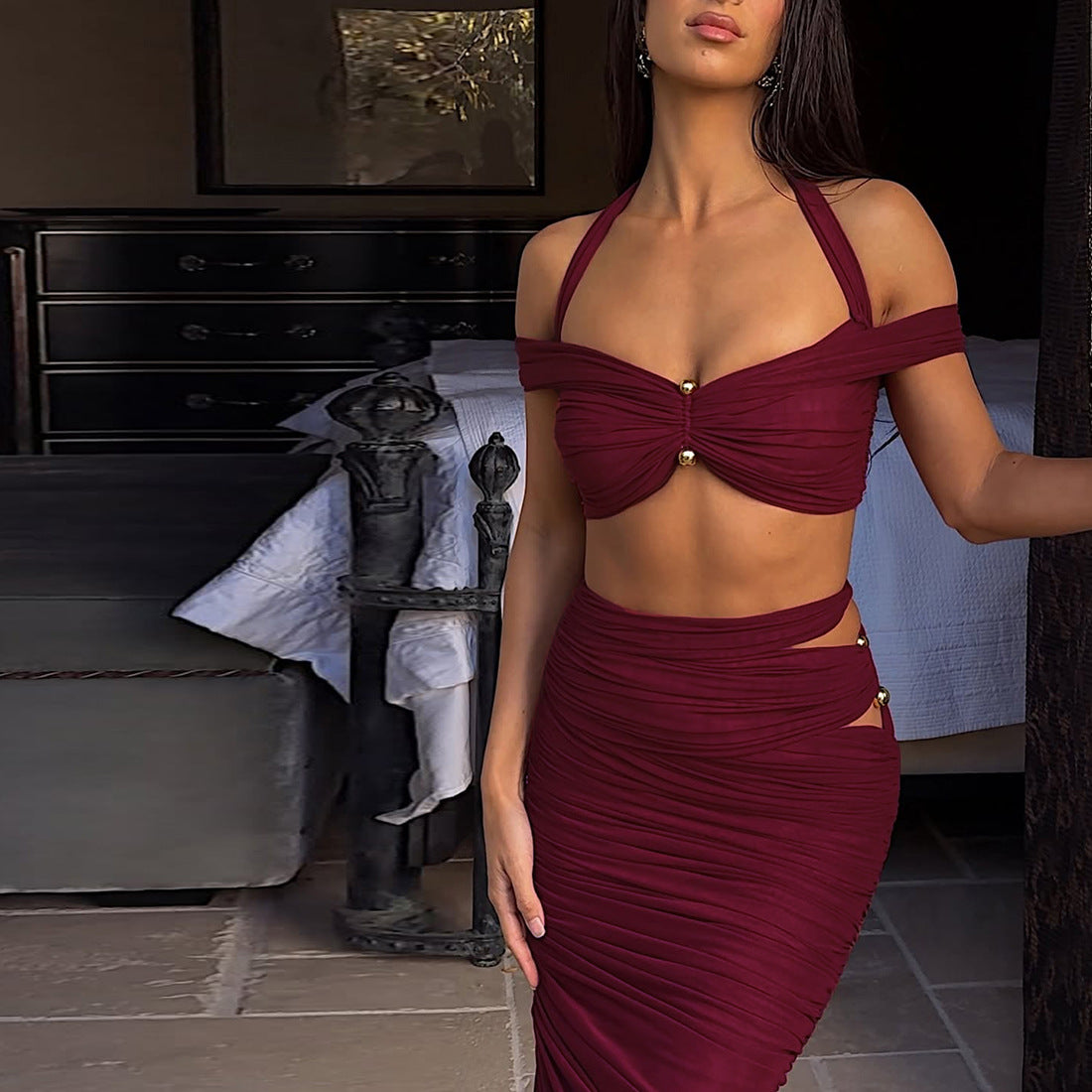 Summer Women's Sexy Halter Neck Off-Shoulder Sleeveless Top & Fitted Ruched Long Skirt Set 12