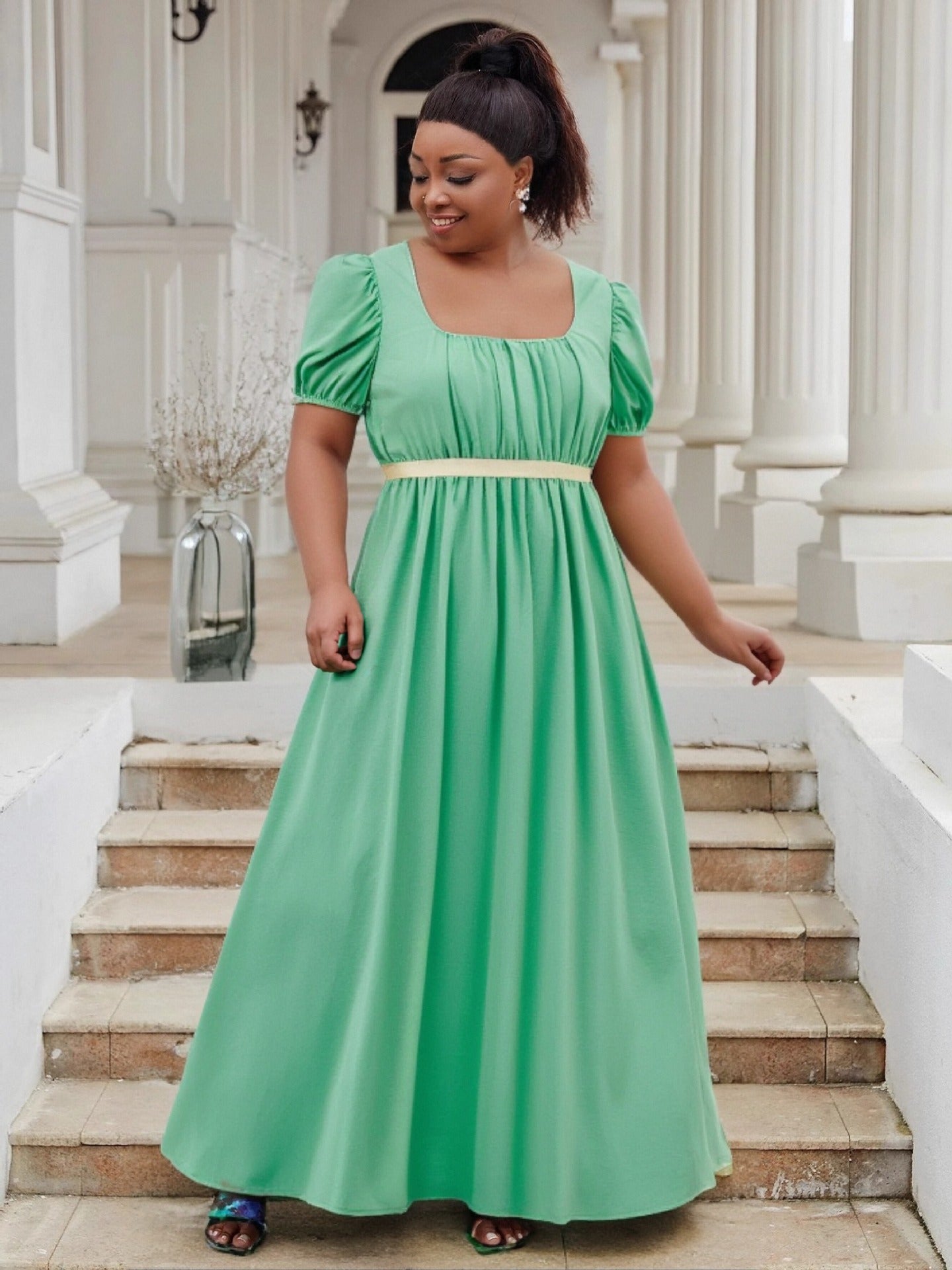 Puff Sleeve High Waist Ball Dress Elegant Plus Size Evening Gown 19