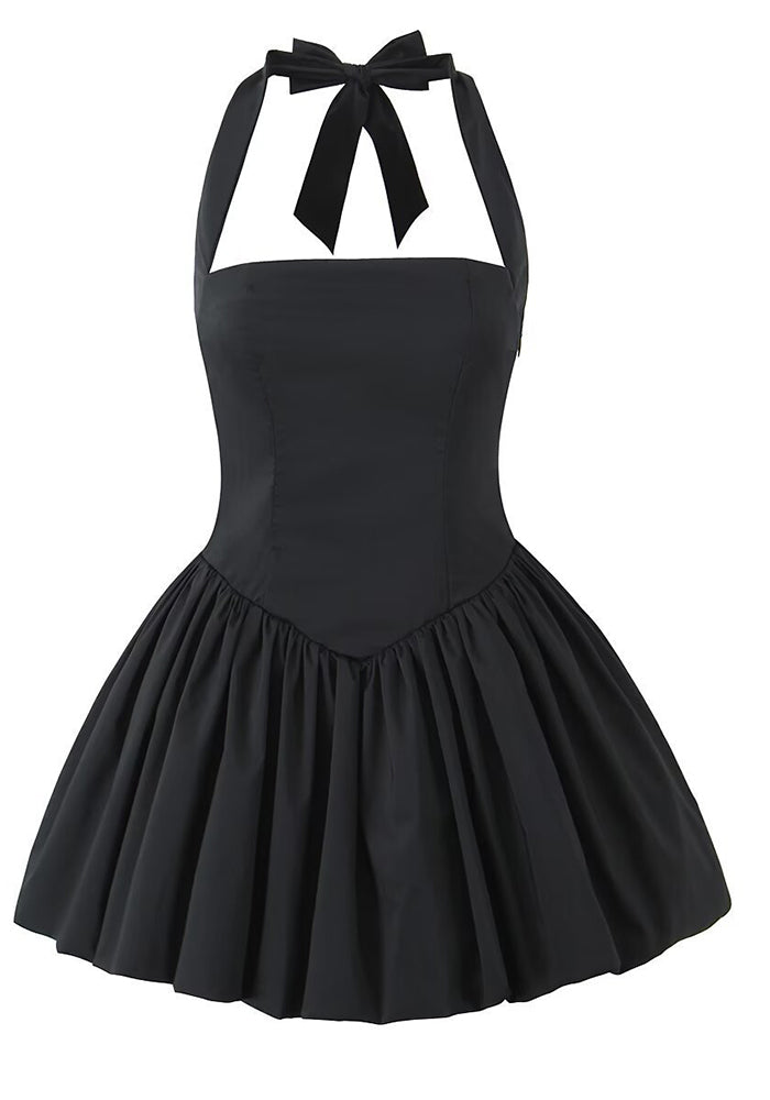 Summer Women Fashion Solid Color Slim Waist Halter Neck A-line Dress