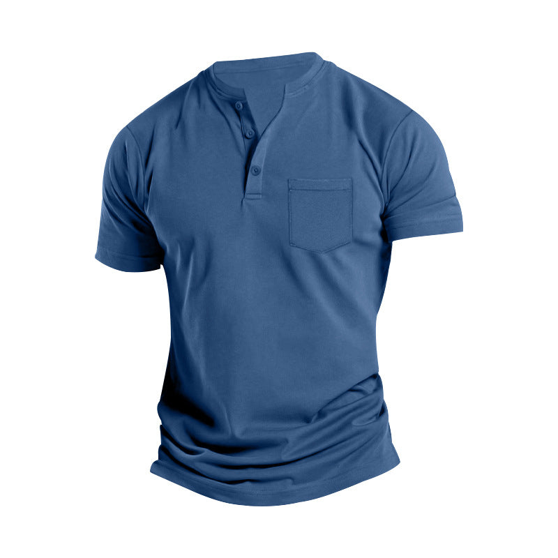 Men's Solid Button Stand Collar Short Sleeve T-shirt 15