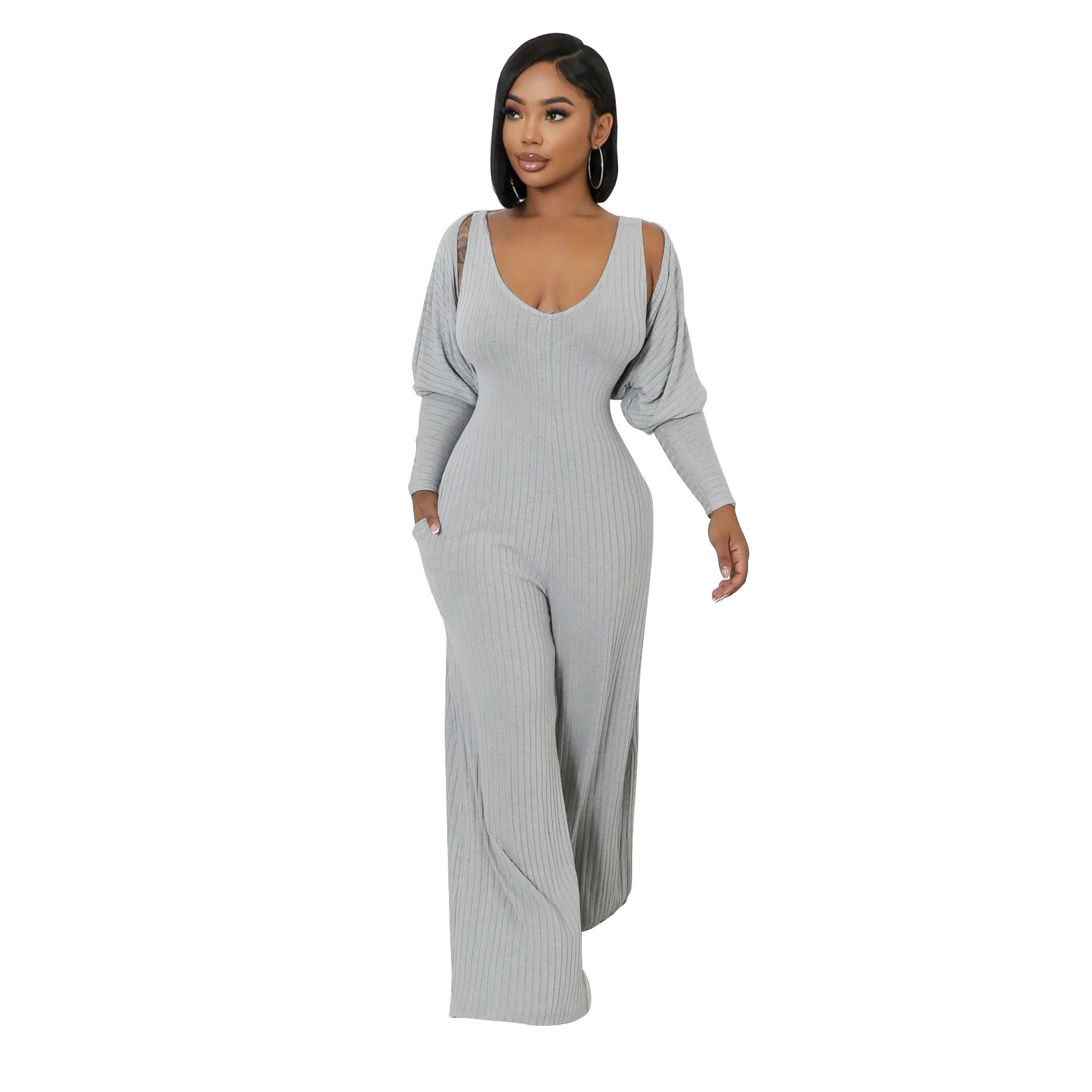 Women’s Fashion Ribbed High-Stretch Cape Top Sleeveless Jumpsuit Set 9