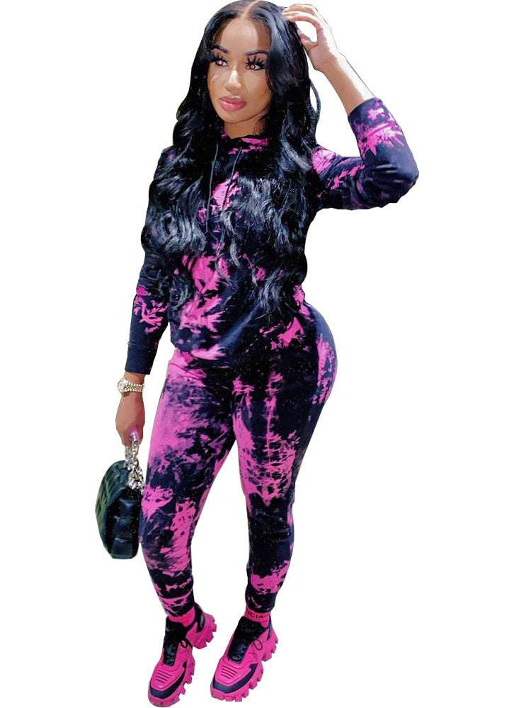 Women Fall/Winter Tie-Dye Hooded Top and Pant Two-Piece Set 7