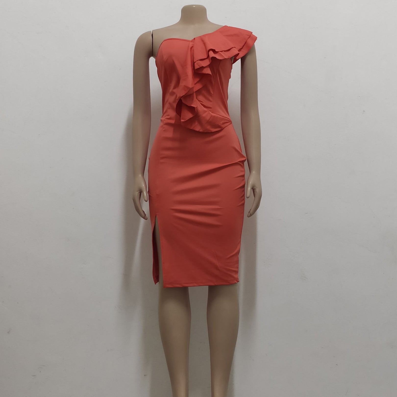 Women Sexy Solid One Shoulder Ruffle Dress 11