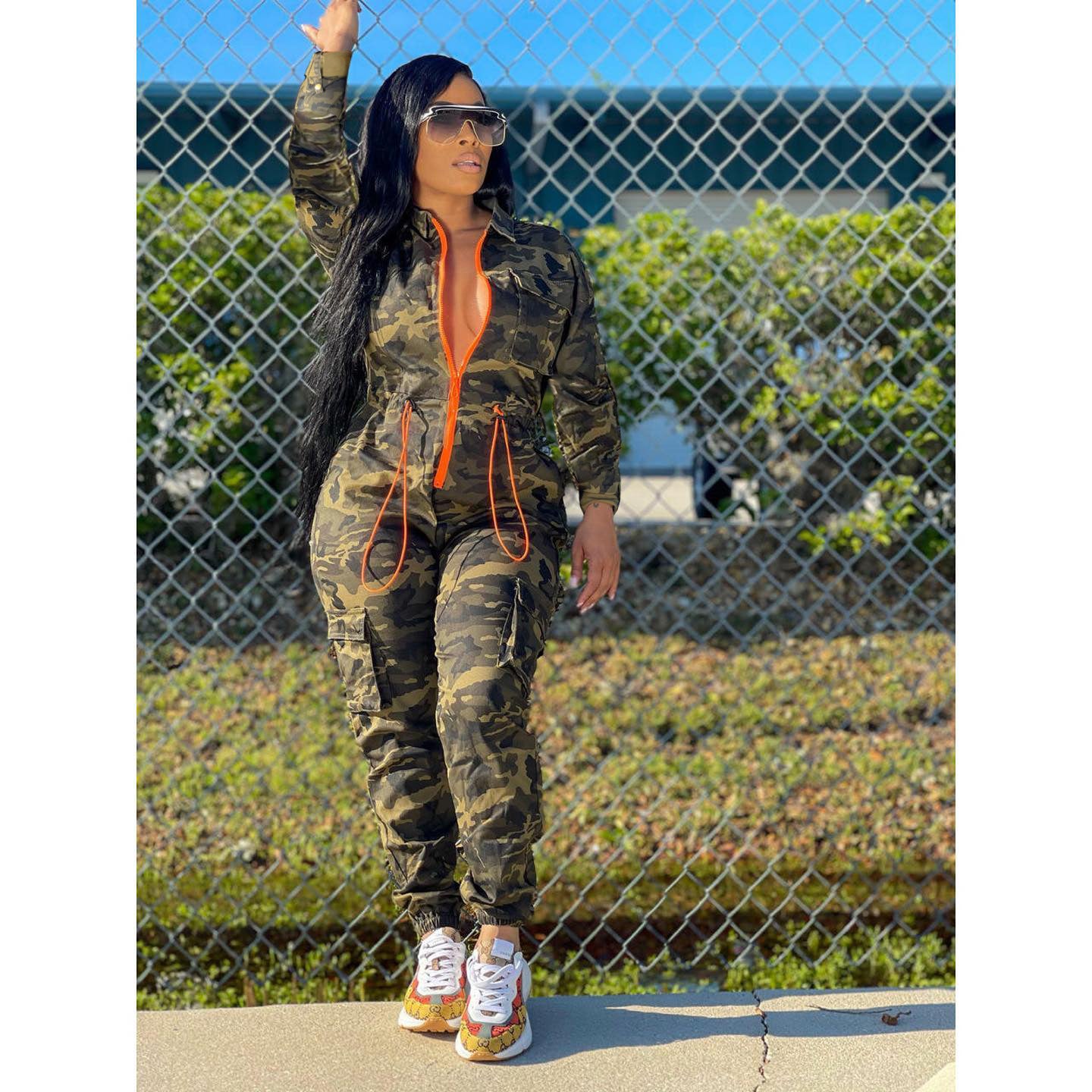 Women Fall Contrast Zip Camouflage Long Sleeve Jumpsuit