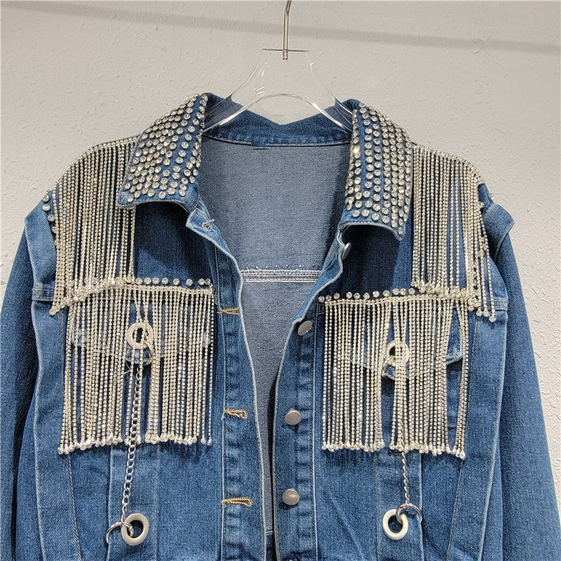 Diamond Tassel Denim Jacket Women's Trendy Spring Loose Long-Sleeved Tops 4