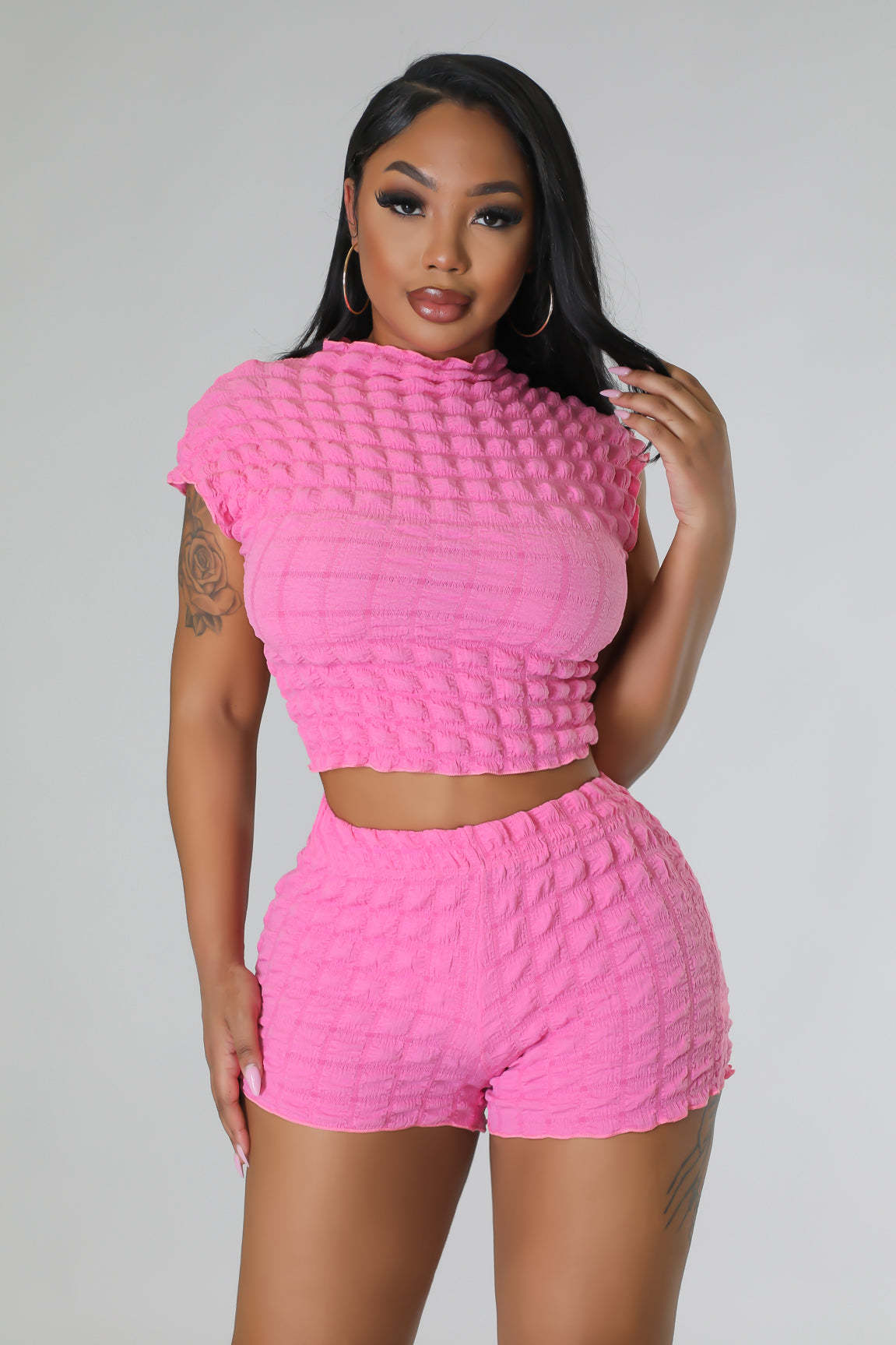 Women Casual Popcorn Sleeveless Top Short Two-Piece Set