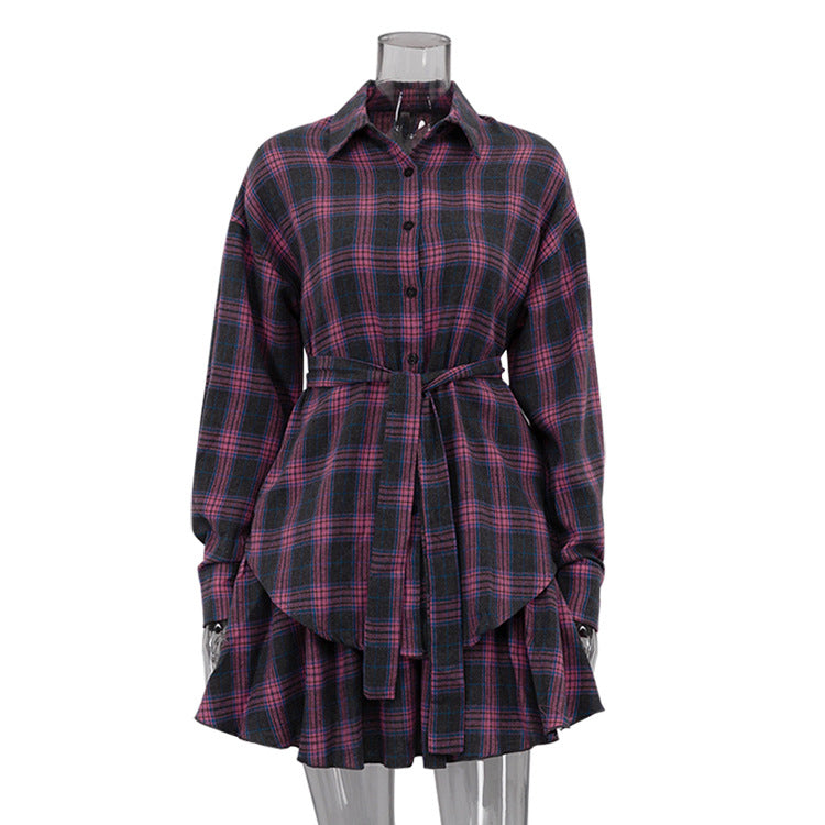 Women's Casual Plaid Turndown Collar Shirt Skirt Set 7
