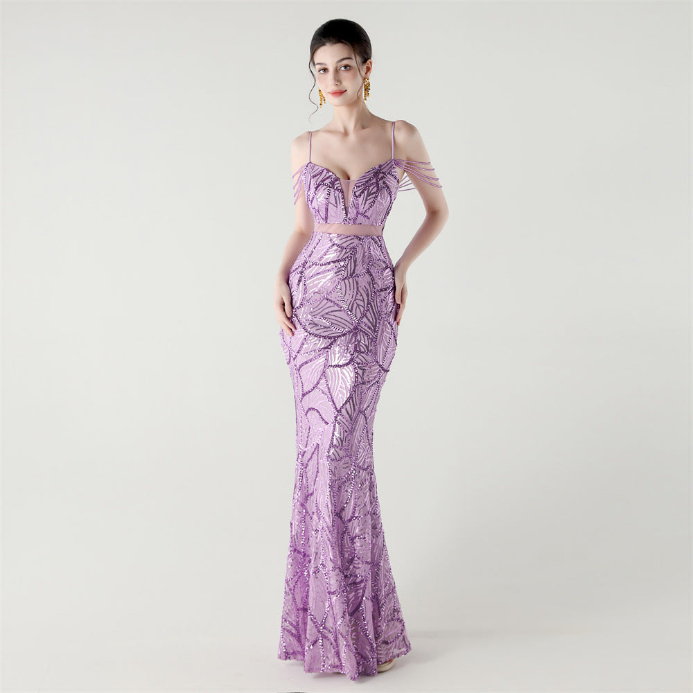 Women beaded cross Lace-Up hollow Patchwork Formal Party evening dress 15