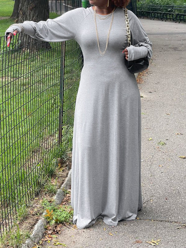 Women's Fashion Plus Size Solid Round Neck Long Sleeve Casual Long Dress 3