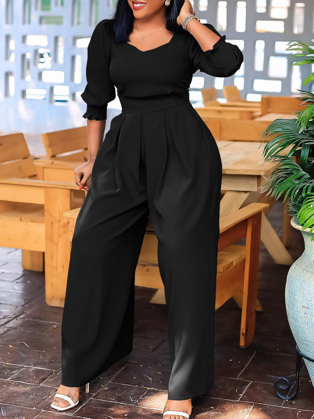 Plus Size African Women Long Sleeve Solid Loose Wide Leg Jumpsuit 7
