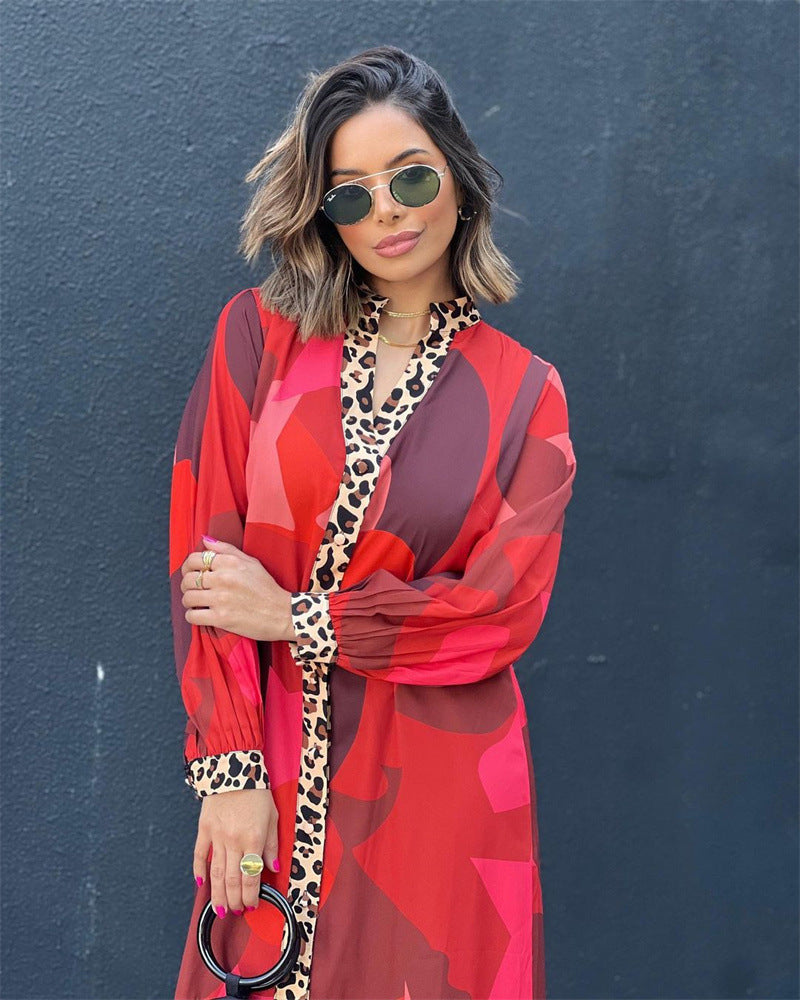 Women Autumn Printed Patchwork Button Casual Dress 4