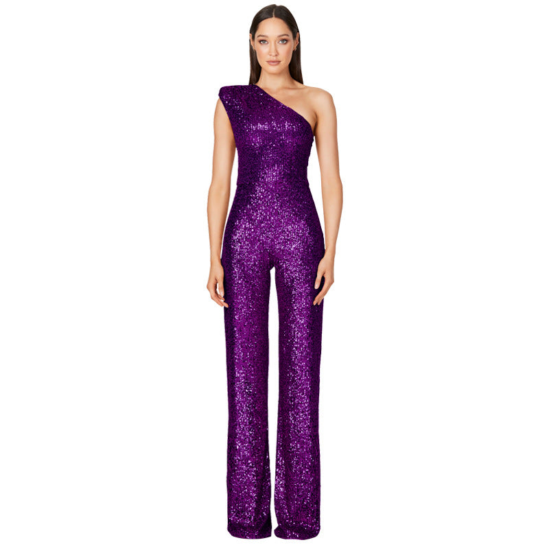 Women's Sleeveless One Shoulder Low Back Sequined Jumpsuit 34