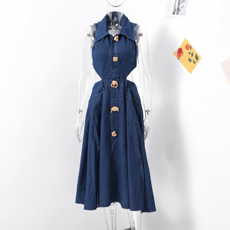 Turn-Down Collar Denim Dress Cut-Out Waist Slim Fit A-Line Slit Casual Long Dress 7