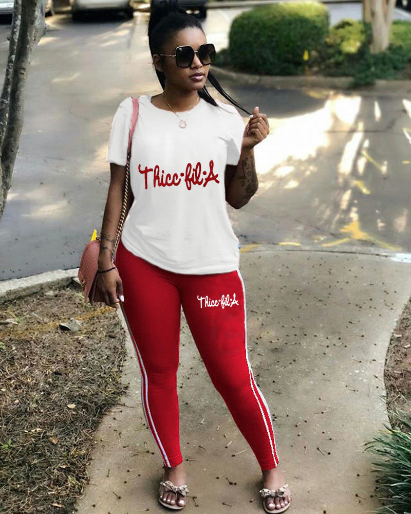 Women Casual Solid Print Short-Sleeved Top and Pants Two-Piece Set 7