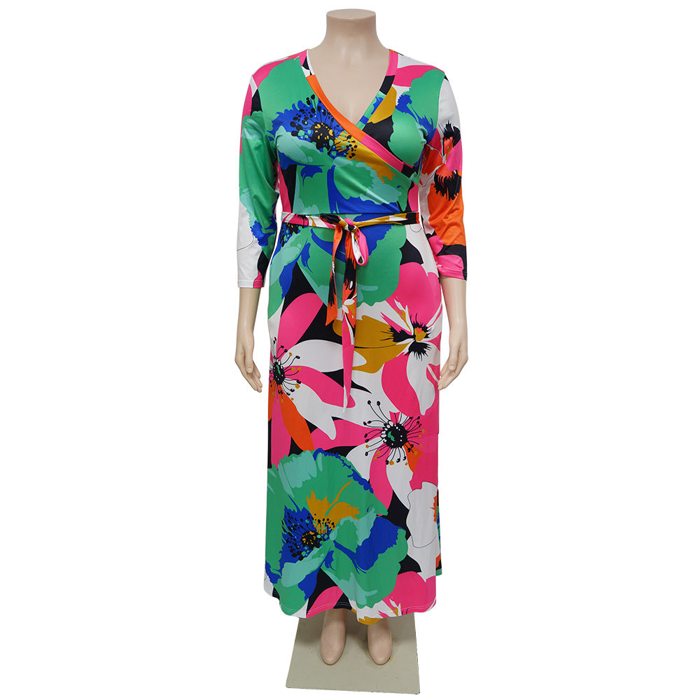 Plus Size Women Pocket Tie Printed Dress 10