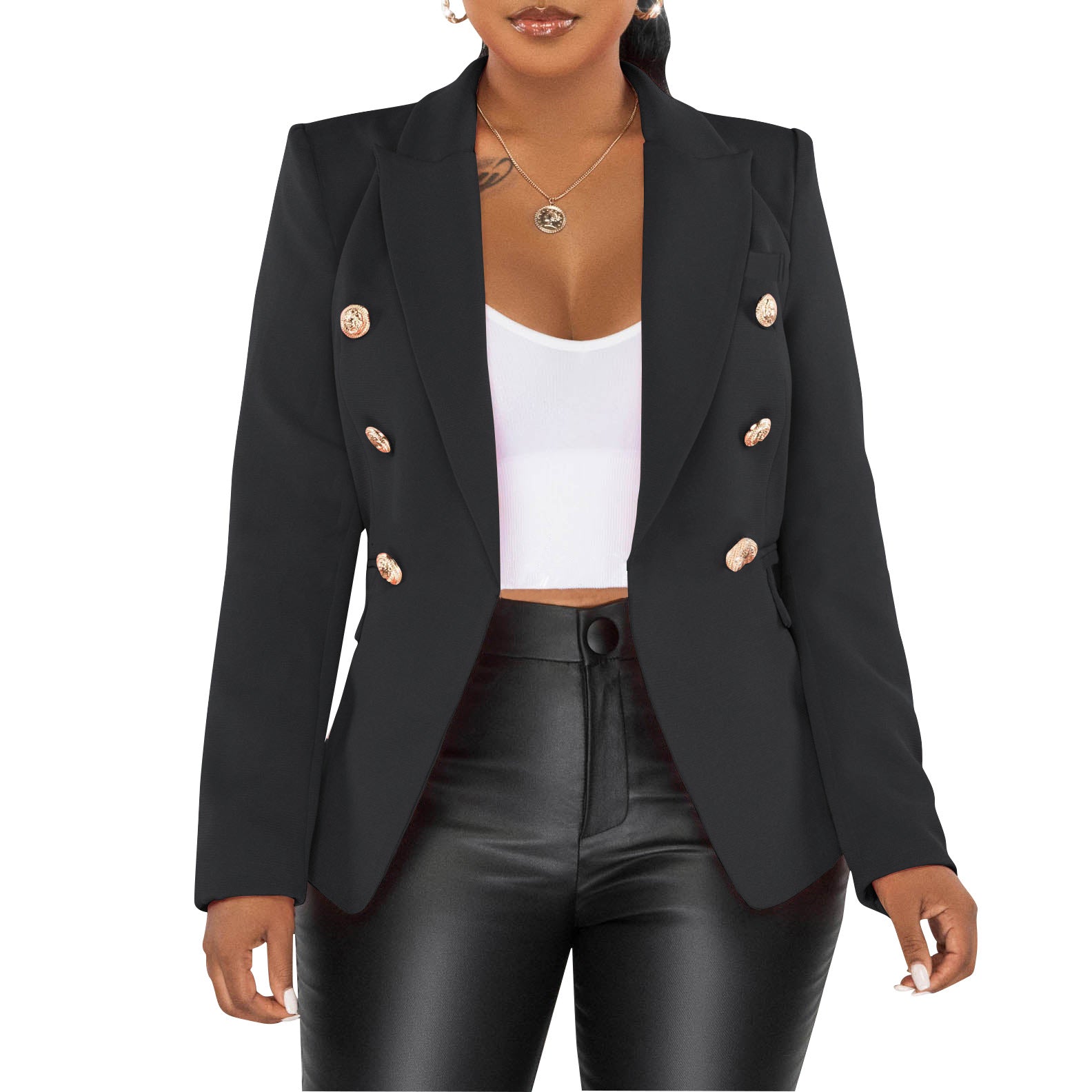 Women's Autumn Winter Solid Color Long Sleeve Pockets Blazer Jacket 9