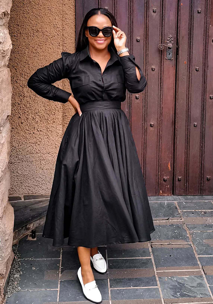 Women Long Sleeve Turndown Collar African Elegant Black Dress