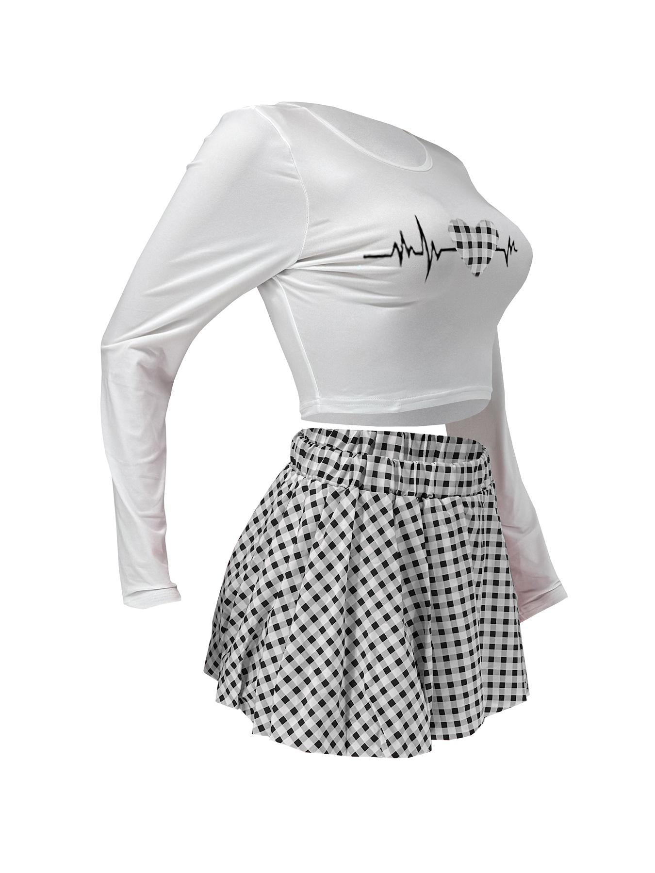 Women Casual Top and Plaid Flower Bud Skirt Two-piece Set 18