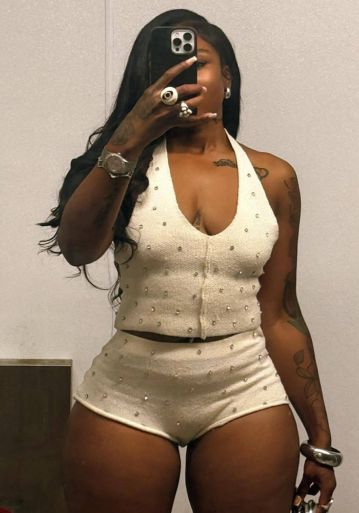 Women's Fashion Jewel-Embellished Halter Neck Top & Shorts Set